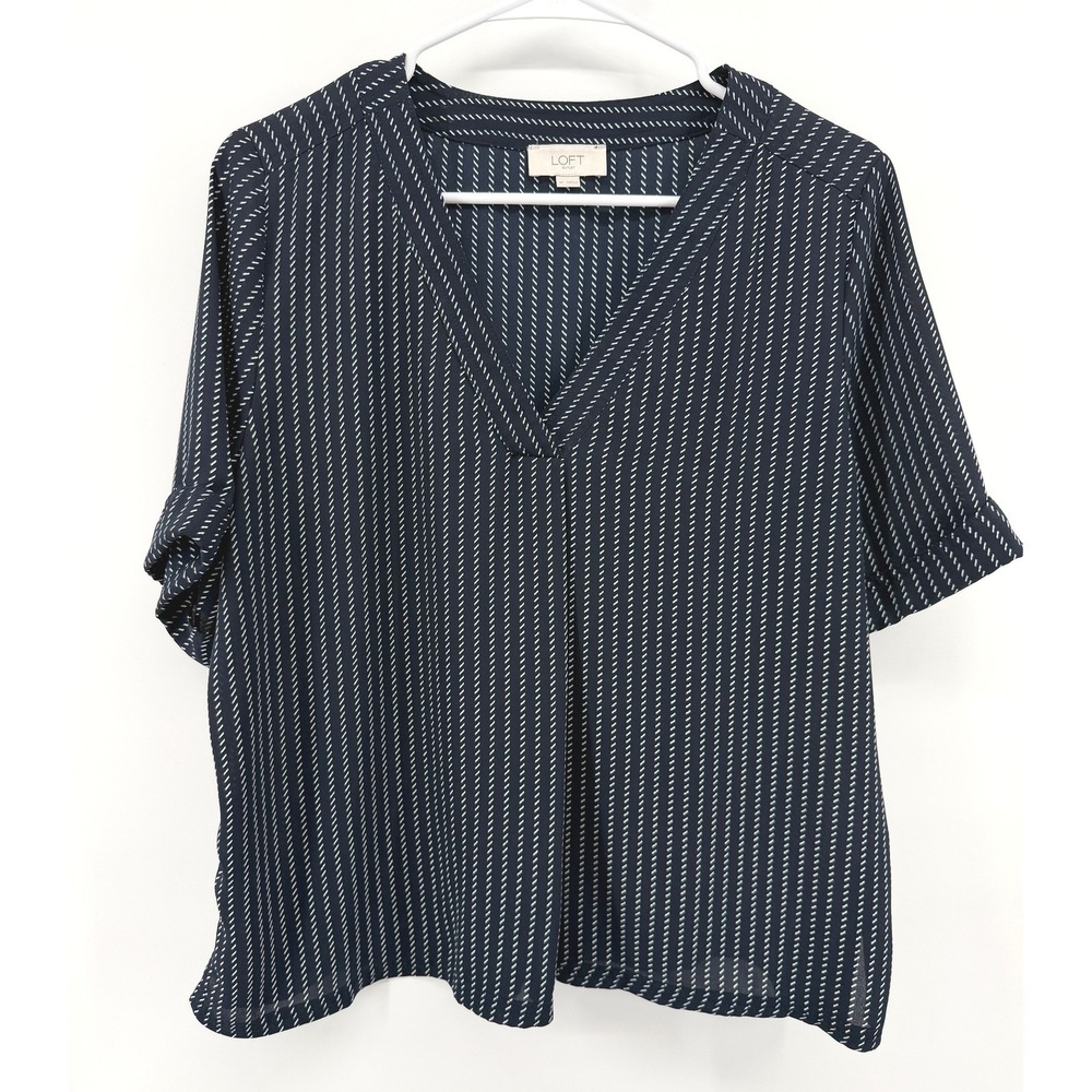 LOFT Navy Blue White Striped V-Neck Short Sleeve Top Office Coastal Women M